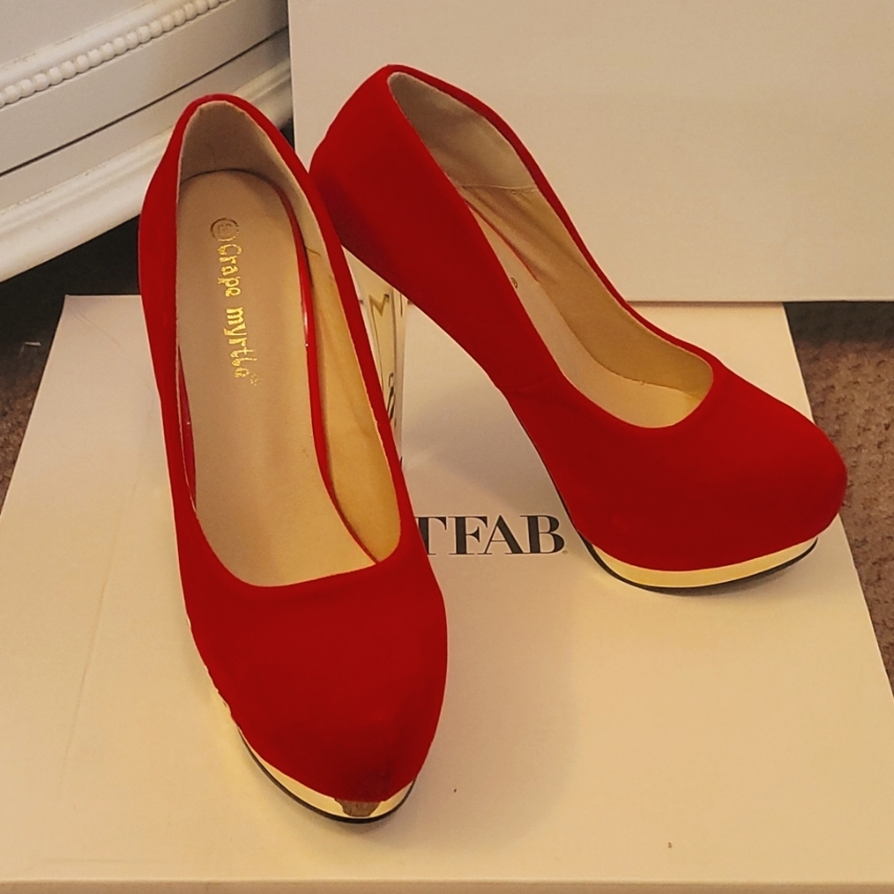 Red faux suede with gold accent platform heels